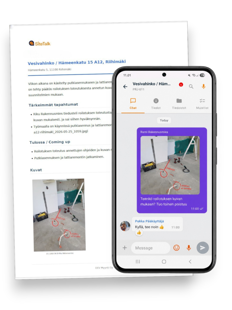 Rakennusalan työmaan viestintä-, dokumentointi- ja raportointisovellus SiteTalk.